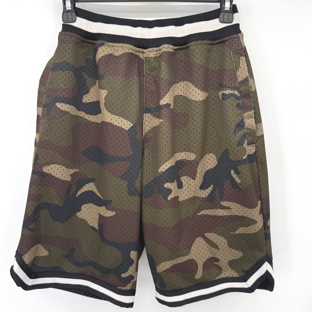 CSG Basketball Shorts Men Small Green Camo Mesh Athletic Striped Trim